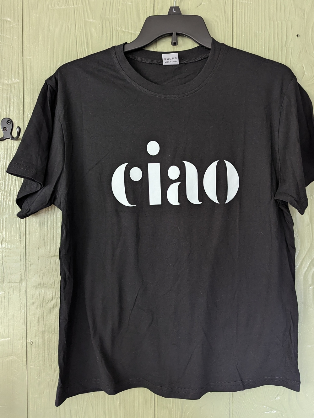 Black Ciao Graphic T-Shirt Size Large 100% Cotton Minimalist Italian Tee